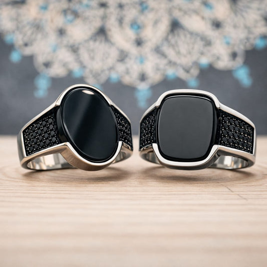 Two Turkish Rings with Natural Black Onyx